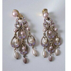 Vtg Monet Chandelier Clip On Earrings Lavender Rhinestones Faux Pearl 2.5" Party